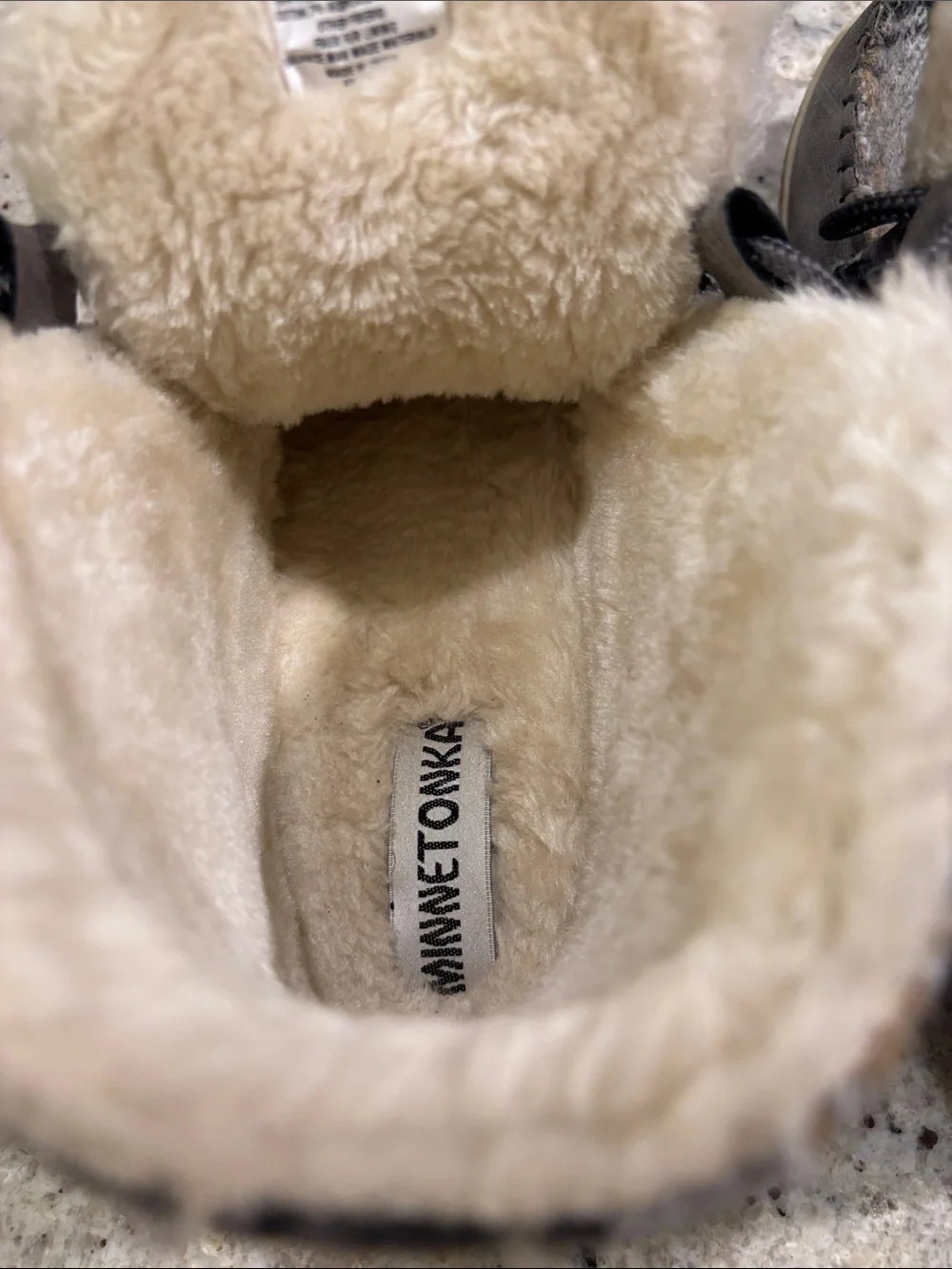 Minnetonka Plaid Faux-Fur Lined Ankle Moccasins in Gray and Tan
